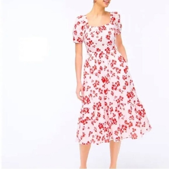 J. Crew Dresses & Skirts - J CREW Hibiscus Floral Puff Sleeve Midi Dress Sz 14